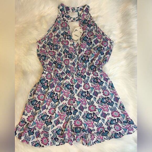 Final Price | Pink and Blue Pastel Tribal Print Sleeveless Ruffle Short Romper - Picture 2 of 8